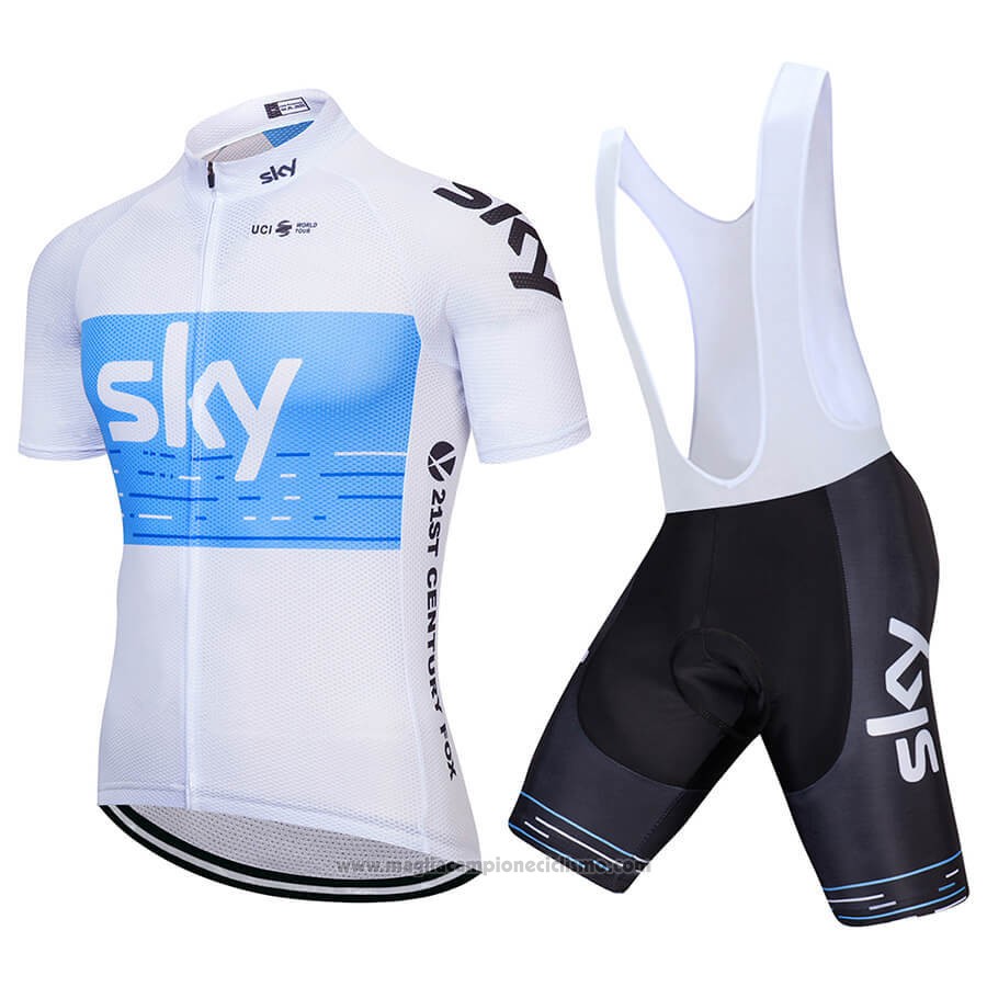 2018 Abbigliamento Ciclismo Sky Bianco Blu Manica Corta e Salopette